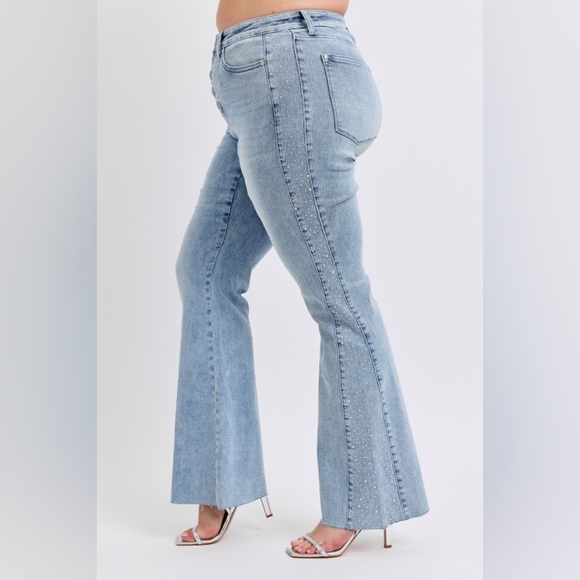 Judy Blue MR Light Wash Button Fly Rhinestone Side Panel Flare Jeans Various NEW - Picture 9 of 16